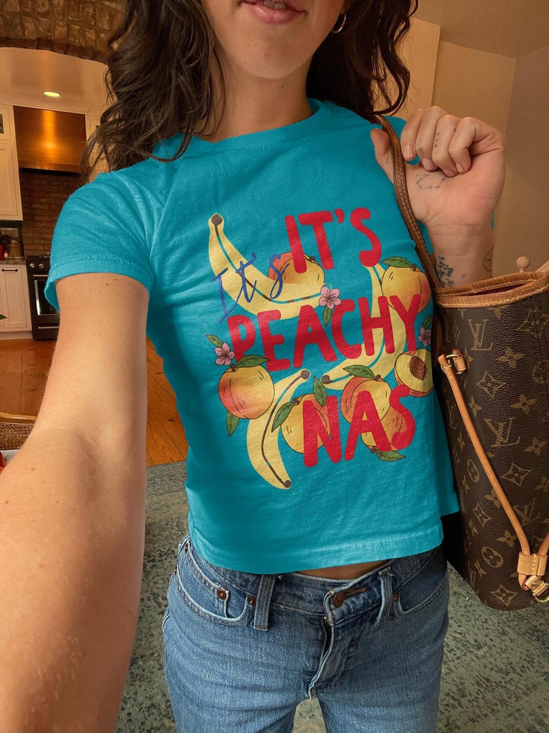 Cute Blue It's Peachy T Shirt, Funny Graphic Tee, Women's Casual Summer Top, Fruit Print Shirt, Trendy Short Sleeve Tee, Gift for Her