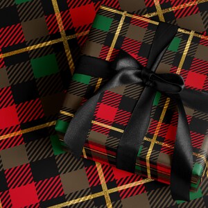 A gift wrapped in a checkered pattern with a black ribbon tied around it.