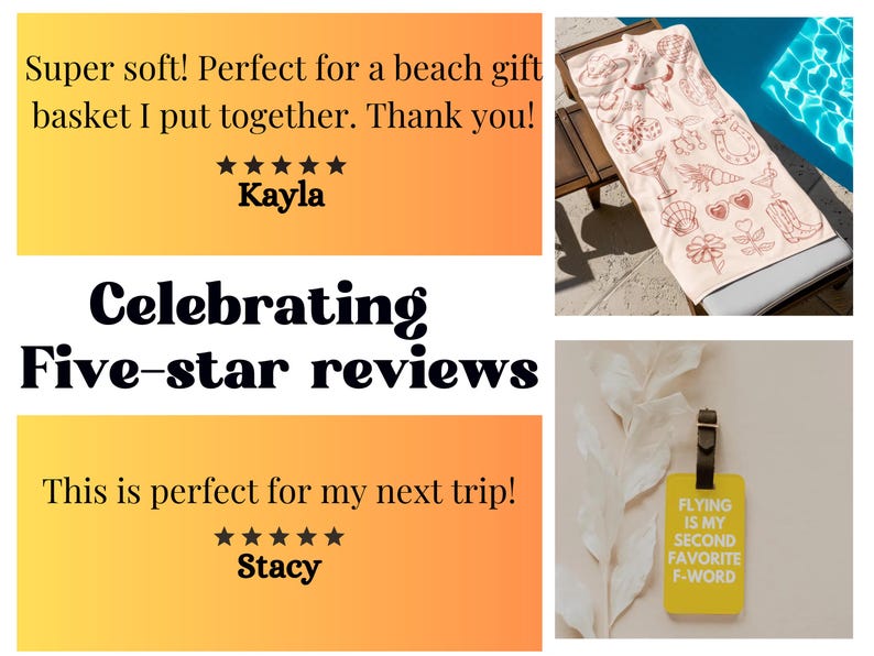 a collage of photos with text describing five star review