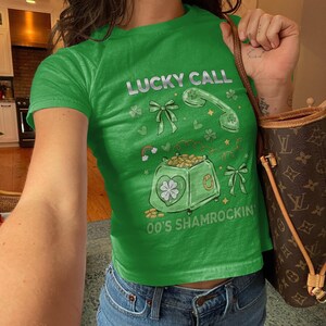 Lucky Call Shirt, Retro 00s Shamrockin Tee, St. Patrick's Day Green Top, Fun Clover Graphic T-Shirt, Vintage Irish Themed Apparel