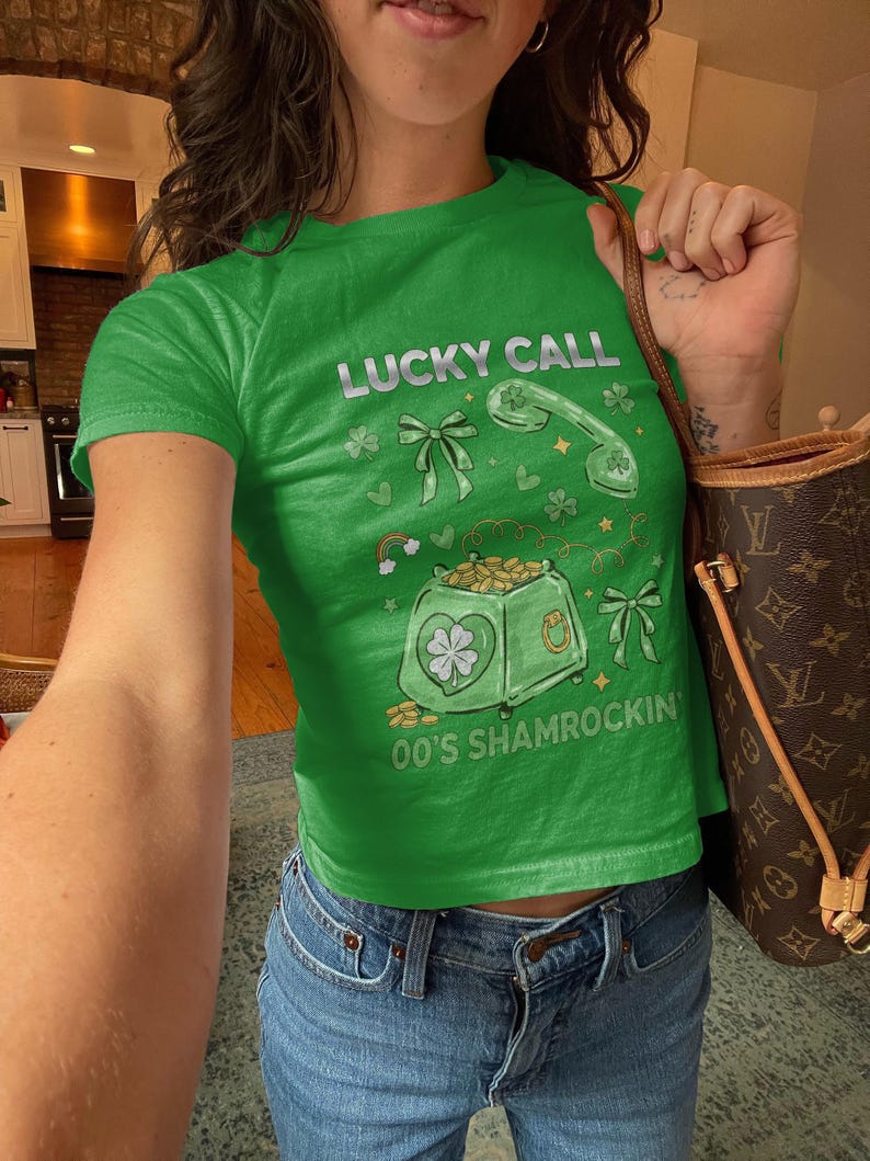 Lucky Call Shirt, Retro 00s Shamrockin Tee, St. Patrick's Day Green Top, Fun Clover Graphic T-Shirt, Vintage Irish Themed Apparel