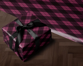 Rotolo di carta da regalo scozzese viola scuro di lusso, fogli di carta da regalo natalizia tartan, confezione festiva per le feste, graziosa carta natalizia retrò e carina