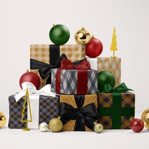 A collection of colorful gift boxes and ornaments, including Christmas ornaments, a Christmas tree, and a ball, arranged in a visually appealing manner.
