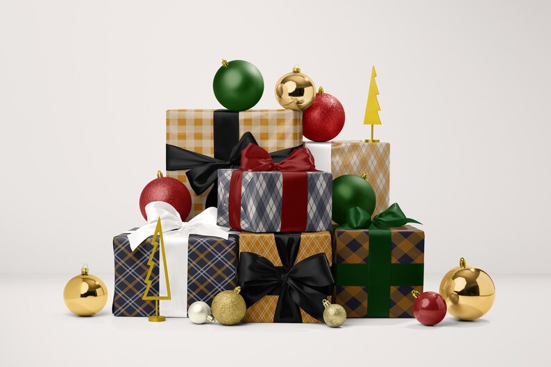 A collection of colorful gift boxes and ornaments, including Christmas ornaments, a Christmas tree, and a ball, arranged in a visually appealing manner.