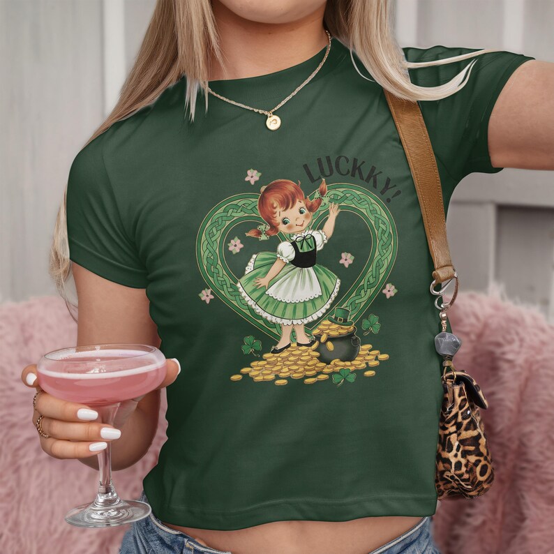 Lucky St Patricks Day Shirt, Green Irish Graphic Tee, Cute Leprechaun Girl Top, Festive Holiday Apparel, Women's Casual Wear