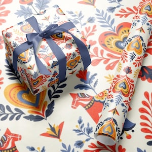 Scandinavian Dala Horse Wrapping Paper Roll Nordic Folk Art Christmas Gift Wrap Festive Holiday Packaging Swedish Hygge Style