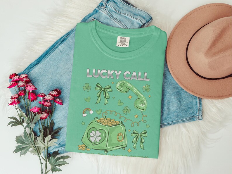 Lucky Call T-Shirt, Green St Patrick's Day Tee, Irish Lucky Charm Shirt, Clover Coin Bag Design, Fun Graphic Tee, Holiday Wear