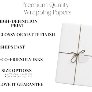 a collection of premium quality wrapping papers, highlighting their features such as high-definition print, glossy or matte finish, fast shipping, eco-friendly inks, and size options.