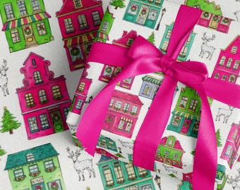 Xmas Wrapping Paper Roll Cute Christmas Houses Holiday Wrap Paper Festive Gift Wrapping Christmas Presents Gift Wrapping Paper
