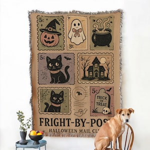 Fright By Post Halloween Blanket Cute Black Cat Ghost Pumpkin Throw Blanket Spooky Decor for Cozy Gothic Cottagecore Vibes Fall Home