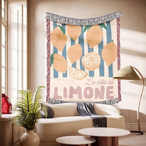 La Vita Al Limone Lemon Throw Blanket Italian Summer Picnic Woven Fruit Decor Kitchen Cozy Gift for Her Trendy Citrus Blanket