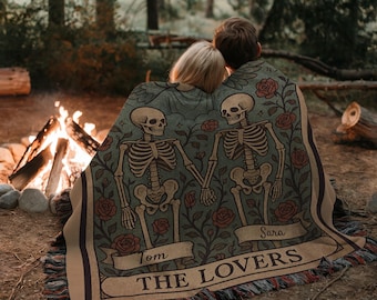 The Lovers Custom Skeleton Blanket Gothic Tarot Woven Throw Halloween Decor Til Death Tapestry Cozy Gift for Her Witchy Home