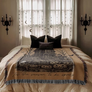 Haunted House Halloween Throw Blanket Tis the Season to Be Spooky Fall Decor Gothic Pumpkin Ghost Cozy Witchy Blanket Gift for Her