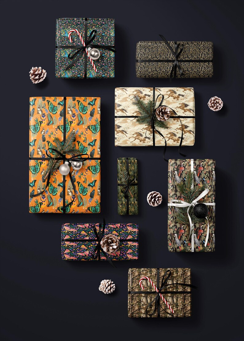 a collection of nine wrapped gifts with various patterns and colors, arranged on a dark background.