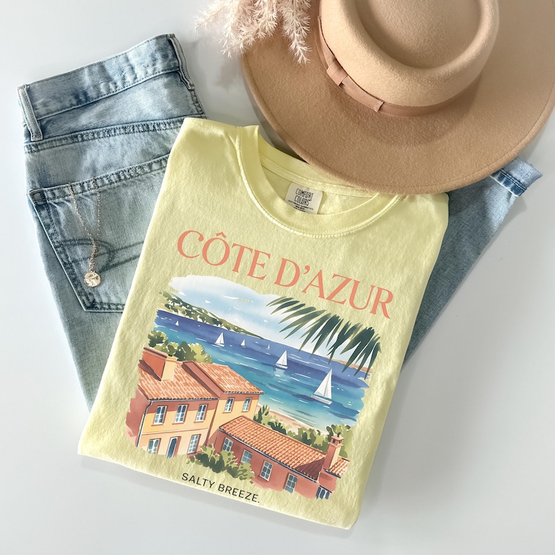 コート・ダジュールシャツ、フレンチ・リヴィエラTシャツ、プロヴァンス、南フランス、サマーシャツ、快適な色彩、古銭、美学、ヨーロッパのバケーション 画像 1