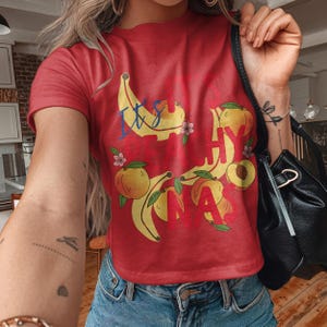 Trendy Fruit Graphic Tee, Colorful Banana and Peach Design, Casual Summer Crop Top, Cute Novelty T-Shirt, Fun Print Women's Clothing