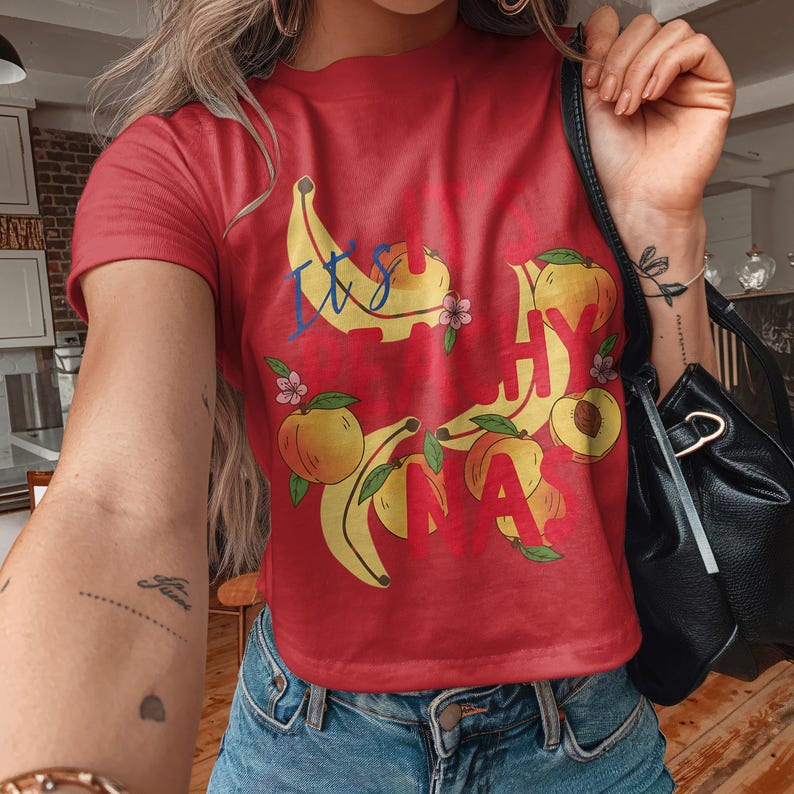 Trendy Fruit Graphic Tee, Colorful Banana and Peach Design, Casual Summer Crop Top, Cute Novelty T-Shirt, Fun Print Women's Clothing
