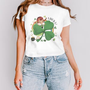 Lucky Clover Girl Graphic Tee, St. Patrick's Day Shirt, Cute Four Leaf Clover T-Shirt, Women's Casual St. Paddy's Day Top