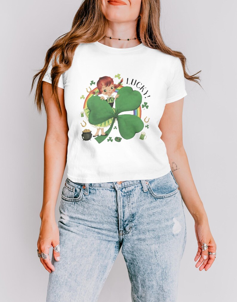 Lucky Clover Girl Graphic Tee, St. Patrick's Day Shirt, Cute Four Leaf Clover T-Shirt, Women's Casual St. Paddy's Day Top