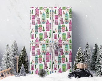 Cute Xmas Wrapping Paper Christmas Houses Holiday Gift Wrap Roll Christmas Presents Gift Wrapping Paper Festive Christmas Wrap