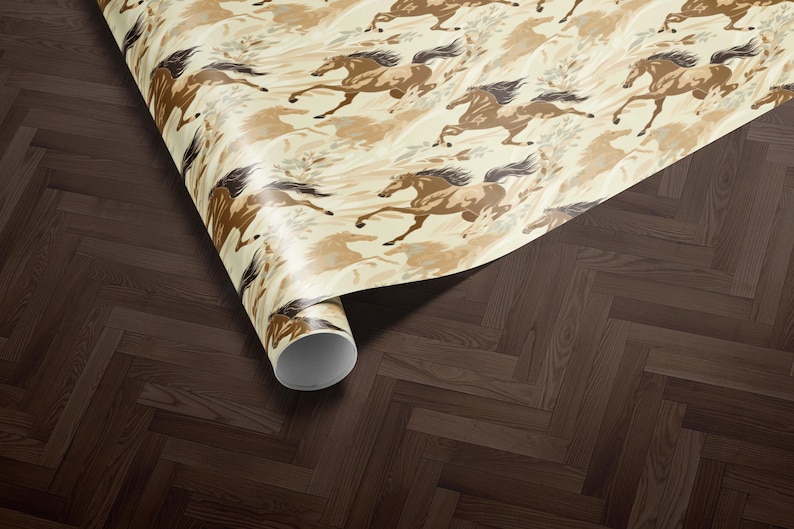 a roll of wrapping paper with a repeating pattern of brown horses on a beige background.