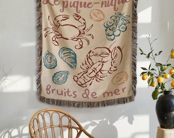 Manta de picnic con mariscos, decoración costera para cocina, manta tejida con langosta, ostra y cangrejo para playa, regalo náutico para amantes de los mariscos.