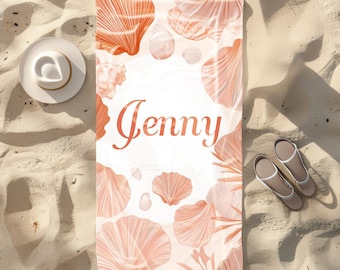 Personalized Seashell Beach Towel Custom Name Summer Pool Towel Coastal Sand Blanket Bridesmaid Gift for Beach Lovers and Vacation Travel
