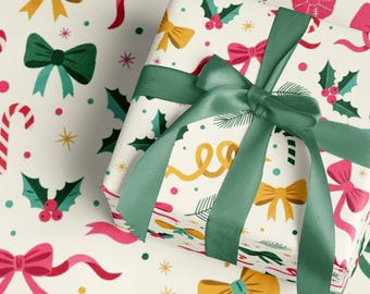May include: A wrapped gift with a green satin ribbon bow. The wrapping paper has a white background with colorful holiday-themed patterns, including bows, holly, and candy canes. The overall theme is festive and celebratory.