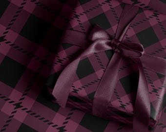 Luxury Burgundy Plaid Wrapping Paper Roll Black Tartan Christmas Gift Wrap Sheets Festive Holiday Packaging Pretty Retro Xmas Wrapping