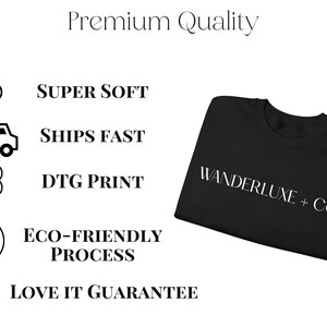 The image is a collage of various icons and text, including a black t-shirt, a truck, and a cloud, along with text highlighting the premium quality of the product.