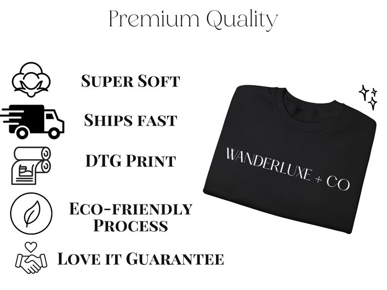 The image is a collage of various icons and text, including a black t-shirt, a truck, and a cloud, along with text highlighting the premium quality of the product.