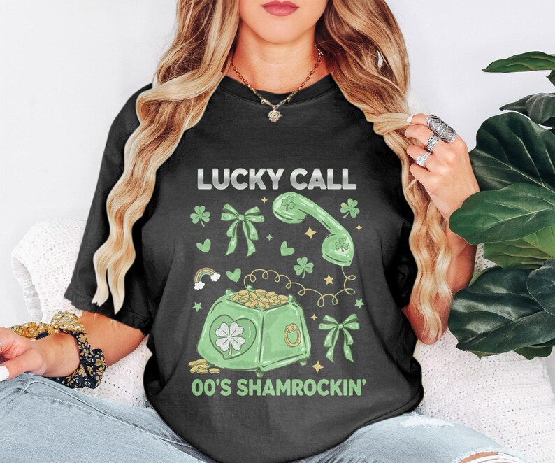 Lucky Call 00s Shamrockin Shirt, Vintage Style St Patrick's Day Tee, Retro Lucky Clover Graphic T-Shirt, Irish Celebration Top