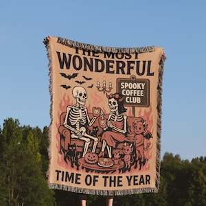 Spooky Coffee Club Halloween Blanket Skeleton Throw Autumn Decor Cute Cozy Goth Gift for Her Pumpkin Fall Vibes Woven Blanket