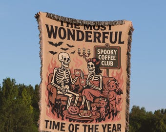 Spooky Coffee Club Halloween deken skelet gooien herfst decor schattig gezellig Goth cadeau voor haar pompoen Fall Vibes geweven deken