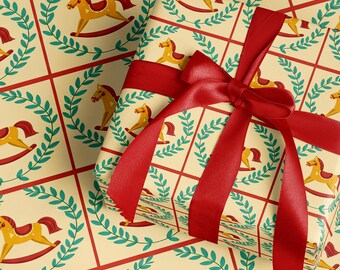 Rol inpakpapier hobbelpaard Vintage kerstcadeaupapier Retro vakantieverpakking Leuk feestelijk kerstpapier Klassiek speelgoed Cadeaupapier