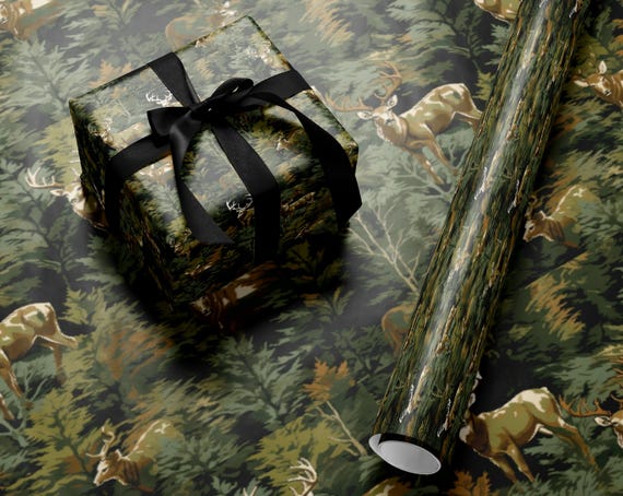 Hunter Green Deer Wrapping Paper Roll Outdoorsman Gift Wrap Rustic Luxury Paper Holiday Birthday Fathers Day Gift Packaging for Men