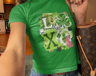 Womens St Patricks Day Baby Tee, St Patricks Day T-Shirt, St Patricks Tee Baby, Lucky St Patricks Day Green Tshirts, Y2k St Patricks Day