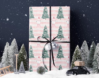 Pink Christmas Wrapping Paper Roll with Snowmen and Trees Cute Holiday Wrap Sheets Luxury Girly Festive Xmas Gift Wrap Elegant Packaging