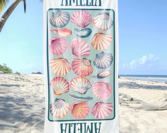 Telo da spiaggia personalizzato con conchiglia e nome personalizzato, coperta di sabbia costiera, regalo per le vacanze estive per damigelle d'onore, amanti dei viaggi, della piscina e dell'oceano