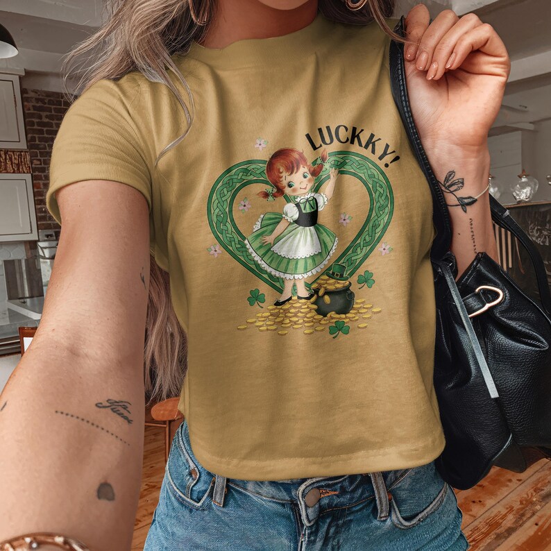 Lucky Shamrock Girl T-Shirt, Vintage St Patrick's Day Shirt, Cute Irish Clover Tee, Retro St Paddy's Day Graphic Top