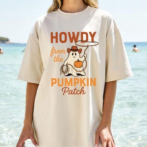 Koszulka "Howdy Halloween" Kowbojski duch Dynia Naszywka Western Tank Topy Koszulki Straszny sezon Zabawny wiejski prezent Letnie lato Plażowe wibracje Gorące