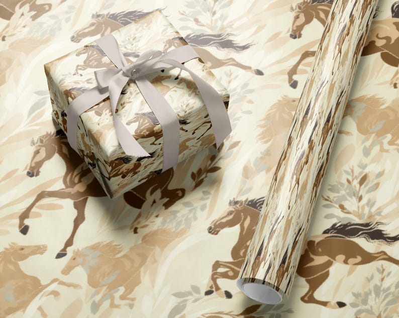 a gift box with a ribbon and a roll of wrapping paper with a horse pattern on it, both placed on a beige and brown patterned background.