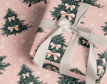 Papel de regalo de Navidad, árbol de Navidad, lazo rosa, decoración navideña retro, papel de regalo verde, papel de regalo navideño, rollo de papel de regalo