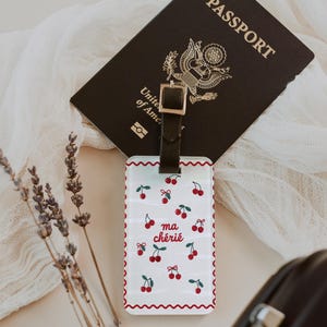 Ma Chérie French Aesthetic Luggage Tag Cute Cherry Print Travel Accessory for Romantic Getaways Vintage Parisian Suitcase ID Tag