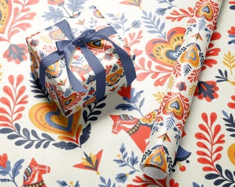 Rollo de papel de regalo con diseño de caballo de Dala escandinavo, arte popular nórdico, papel de regalo navideño, embalaje festivo, estilo hygge sueco.