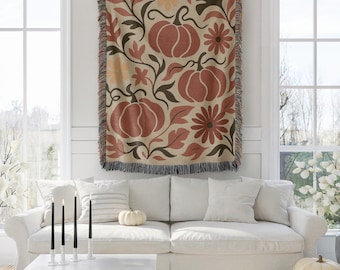 Coperta autunnale botanica con motivo floreale a zucca ispirato a William Morris, per un accogliente arredamento autunnale e in stile cottagecore.