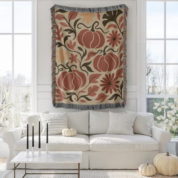 Botanical Autumn Throw Blanket With William Morris Inspired Floral