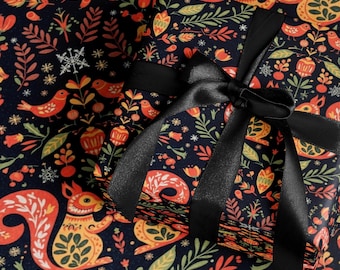 Rollo de papel de regalo de arte popular escandinavo, papel de regalo de Navidad nórdico, caballo Dala sueco, decoración navideña Hygge, embalaje navideño escandinavo