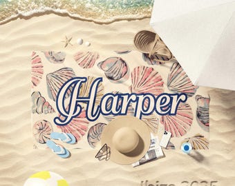 Personalized Seashell Beach Towel Custom Name Coastal Vacation Gift for Her, Bridesmaids, Pool, and Summer Getaways Bachelorette Cruise