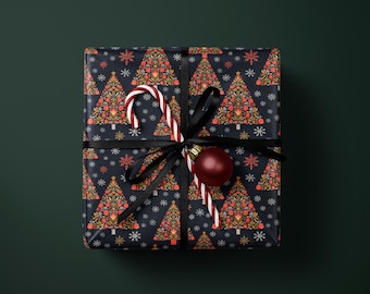 May include: A wrapped gift with a festive Christmas tree pattern on dark blue paper. The gift is tied with a black ribbon and adorned with a red ornament and candy canes. The overall theme is holiday and gift-giving.
